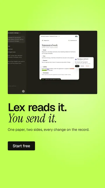Video for contracts.io: "Lex reads it. You send it.". Doc motion loop, 6.0 s, light palette.