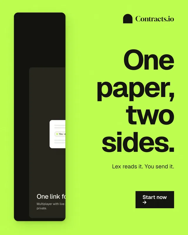 Instagram portrait post for contracts.io: "One paper, two sides." Swiss style, right layout, light palette in green, black.