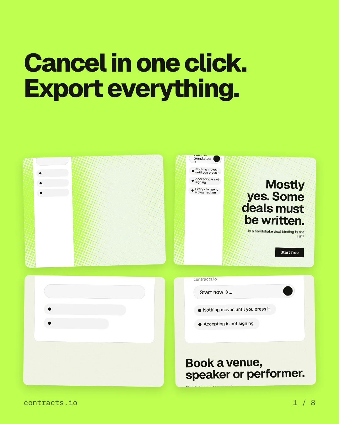 Carousel for contracts.io: "Cancel in one click. Export everything.". Collection carousel, 8 slides, light palette.
