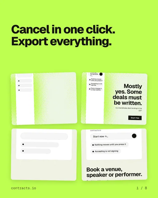 Carousel for contracts.io: "Cancel in one click. Export everything.". Collection carousel, 8 slides, light palette.