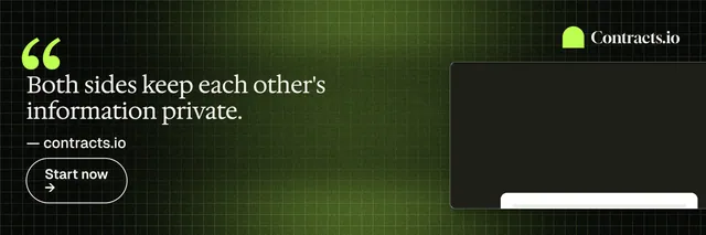 X header for contracts.io: "Both sides keep each other's information private." Phosphor atlas style, quote layout, dark palette in black, green.