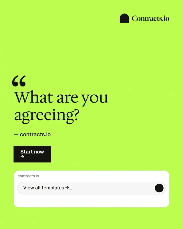 Instagram portrait post for contracts.io: "What are you agreeing?" Swiss style, quote layout, light palette in green, white.