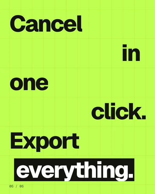 Video for contracts.io: "Cancel in one click. Export everything.". Kinetic type grid, 6.0 s, light palette.