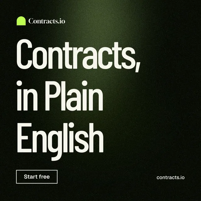 Instagram post for contracts.io: "Contracts, in Plain English". Dark deco style, poster layout, dark palette in black, grey.