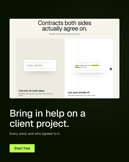 Video for contracts.io: "Bring in help on a client project.". Doc motion loop, 7.0 s, light palette.