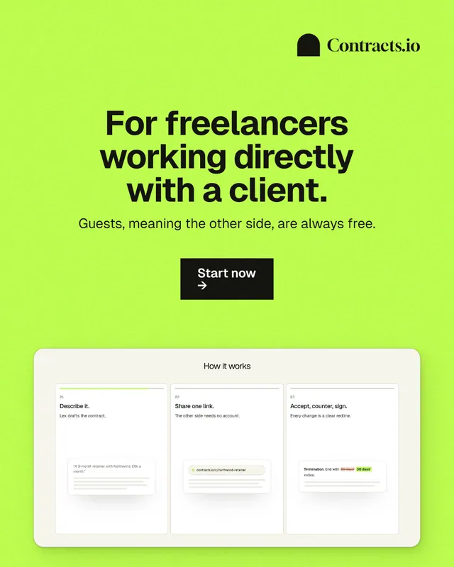 Instagram portrait post for contracts.io: "For freelancers working directly with a client." Swiss style, centred layout, light palette in green, white.
