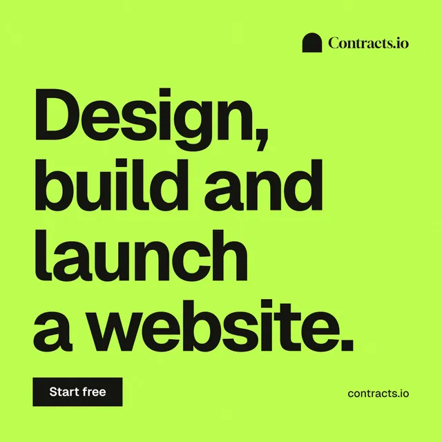 Instagram post for contracts.io: "Design, build and launch a website." Swiss style, poster layout, light palette in green.