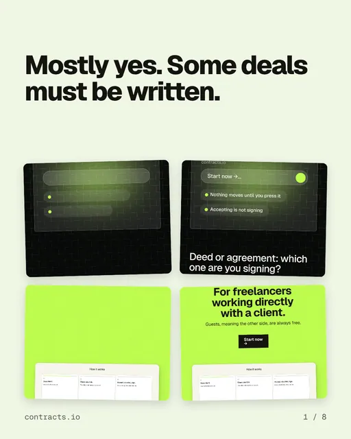 Carousel for contracts.io: "Mostly yes. Some deals must be written.". Collection carousel, 8 slides, light palette.