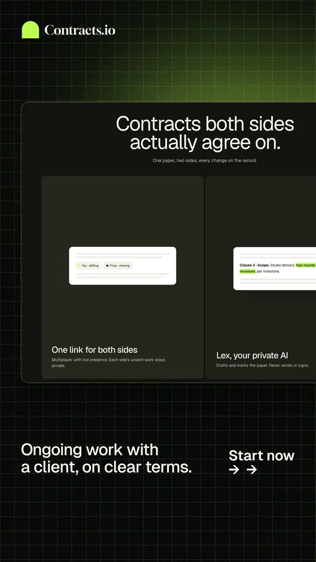 Instagram story for contracts.io: "Ongoing work with a client, on clear terms." Phosphor atlas style, image led layout, dark palette in black, grey.