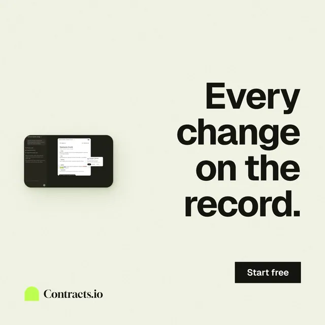 Instagram post for contracts.io: "Every change on the record." Swiss style, right layout, light palette in white, grey.