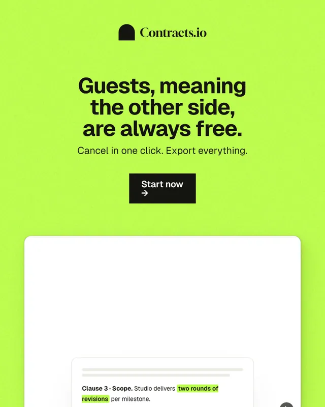 Instagram portrait post for contracts.io: "Guests, meaning the other side, are always free." Swiss style, centred layout, light palette in green, white.