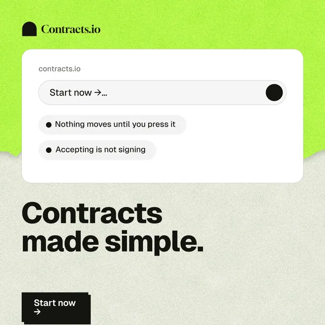 Instagram post for contracts.io: "Contracts made simple." Paper trio style, bottom layout, light palette in white, green, grey.