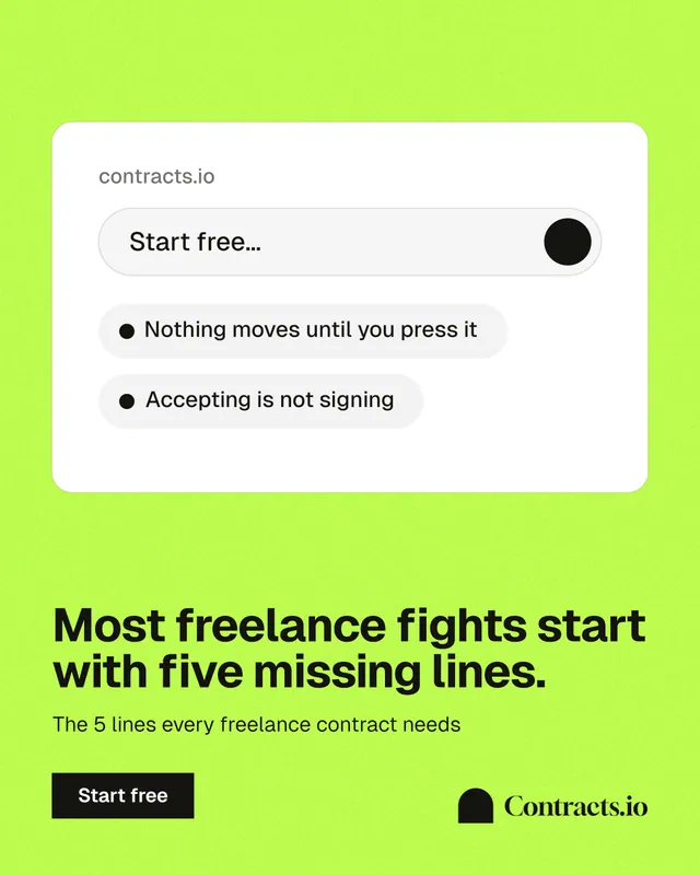 Instagram portrait post for contracts.io: "Most freelance fights start with five missing lines." Swiss style, bottom layout, light palette in green.