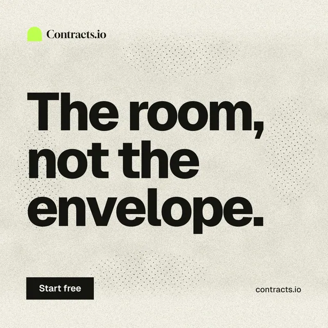 Instagram post for contracts.io: "The room, not the envelope." Ink sticker style, poster layout, light palette in yellow, grey.