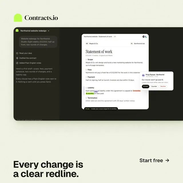 Instagram post for contracts.io: "Every change is a clear redline." Swiss style, image led layout, light palette in green, black, white.