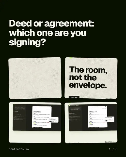 Carousel for contracts.io: "Deed or agreement: which one are you signing?". Collection carousel, 8 slides, dark palette.