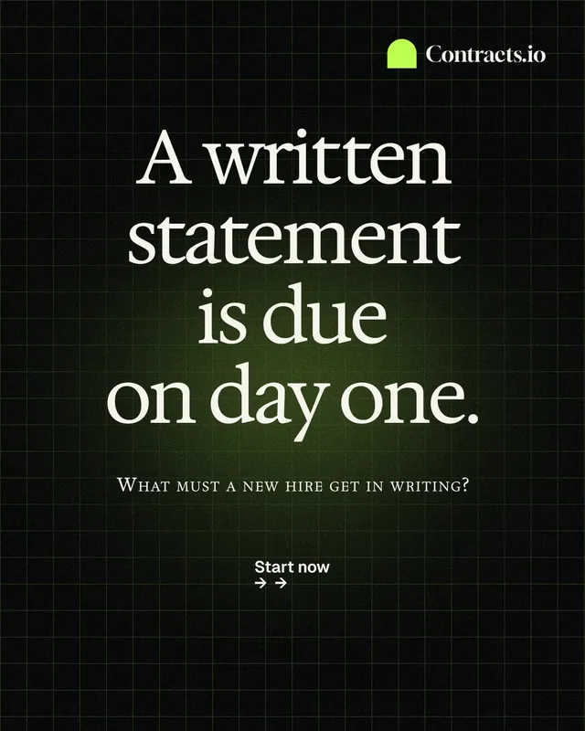 Instagram portrait post for contracts.io: "A written statement is due on day one." Phosphor atlas style, smallcaps layout, dark palette in black, green, grey.