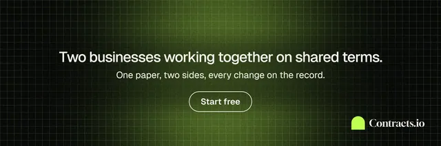 X header for contracts.io: "Two businesses working together on shared terms." Phosphor atlas style, centred layout, dark palette in green, black.