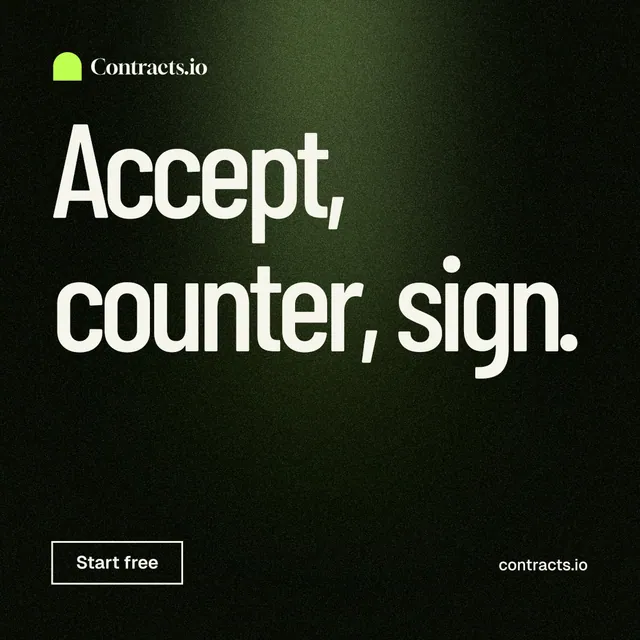 Instagram post for contracts.io: "Accept, counter, sign." Dark deco style, poster layout, dark palette in black, grey.
