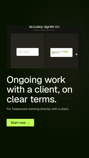 Video for contracts.io: "Ongoing work with a client, on clear terms.". Doc motion loop, 7.0 s, dark palette.