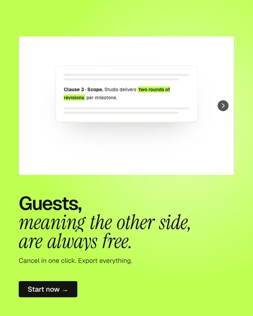 Video for contracts.io: "Guests, meaning the other side, are always free.". Doc motion loop, 8.0 s, light palette.