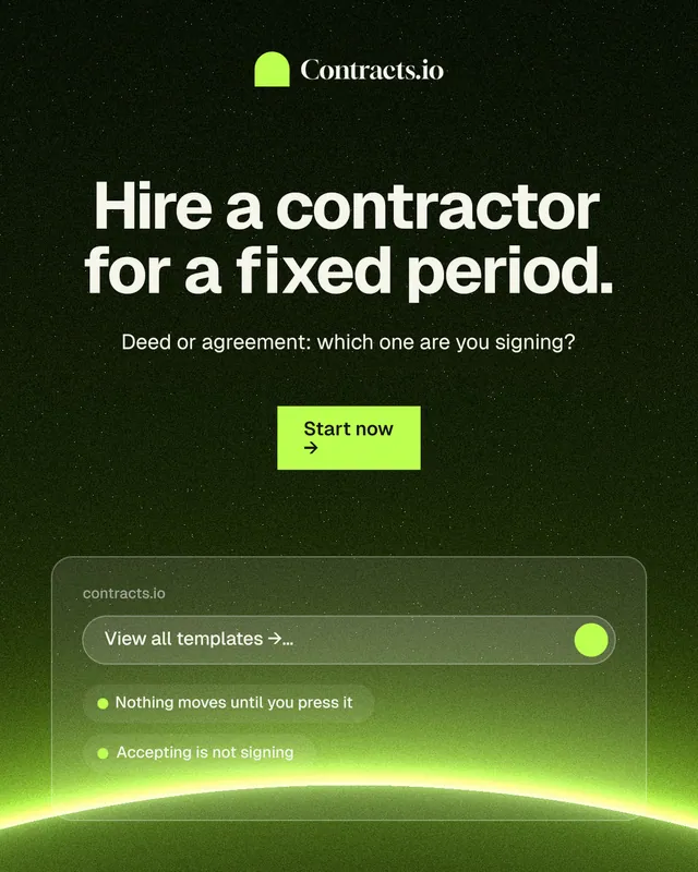 Instagram portrait post for contracts.io: "Hire a contractor for a fixed period." Swiss style, centred layout, dark palette in black, green.