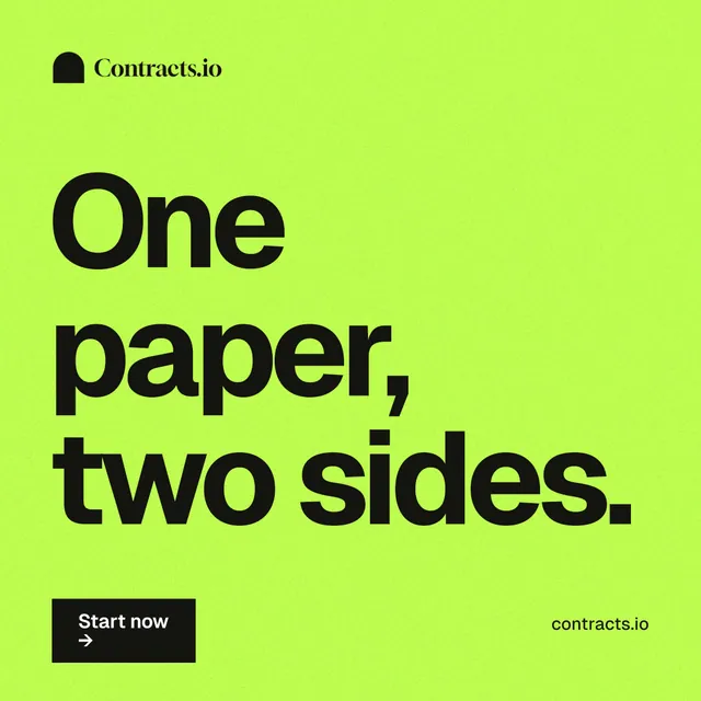 Instagram post for contracts.io: "One paper, two sides." Swiss style, poster layout, light palette in green.