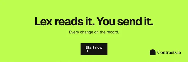 X header for contracts.io: "Lex reads it. You send it." Swiss style, centred layout, light palette in green.