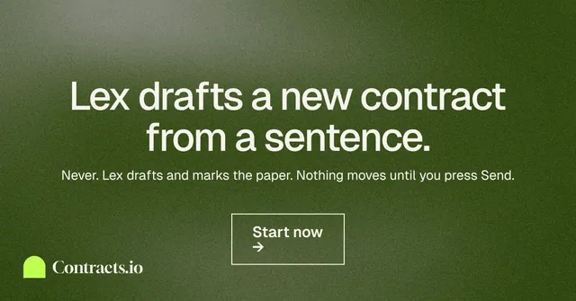 Social ad for contracts.io: "Lex drafts a new contract from a sentence." Cyanotype style, centred layout, dark palette in green, grey.