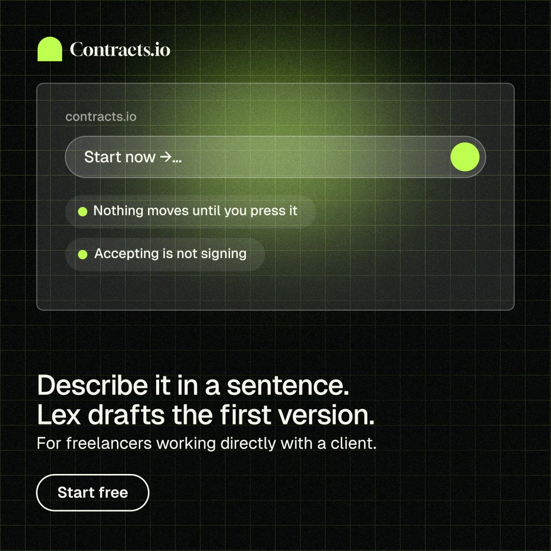 Instagram post for contracts.io: "Describe it in a sentence. Lex drafts the first version." Phosphor atlas style, bottom layout, dark palette in black, green.