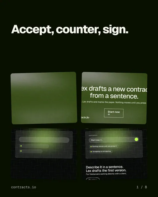 Carousel for contracts.io: "Accept, counter, sign.". Collection carousel, 8 slides, dark palette.