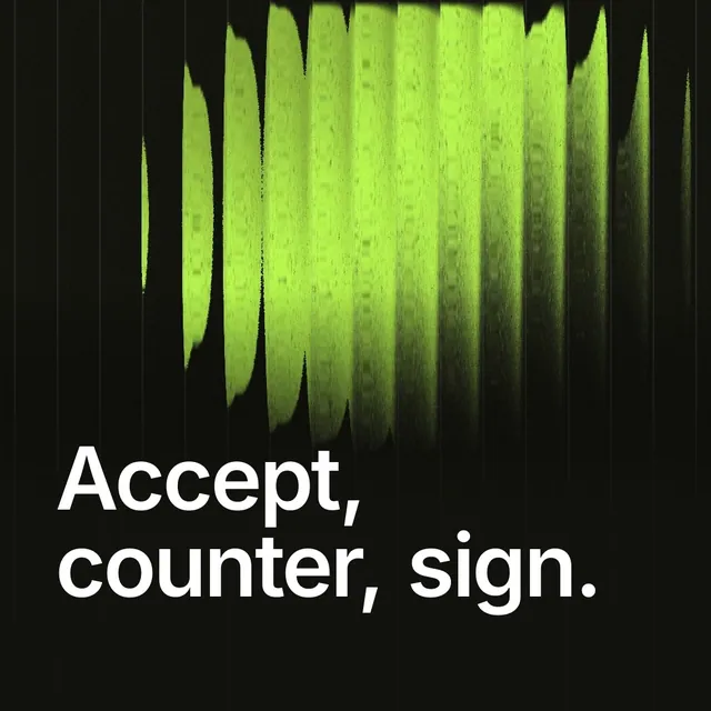 Video for contracts.io: "Accept, counter, sign.". Shader loop, 6.0 s, dark palette.