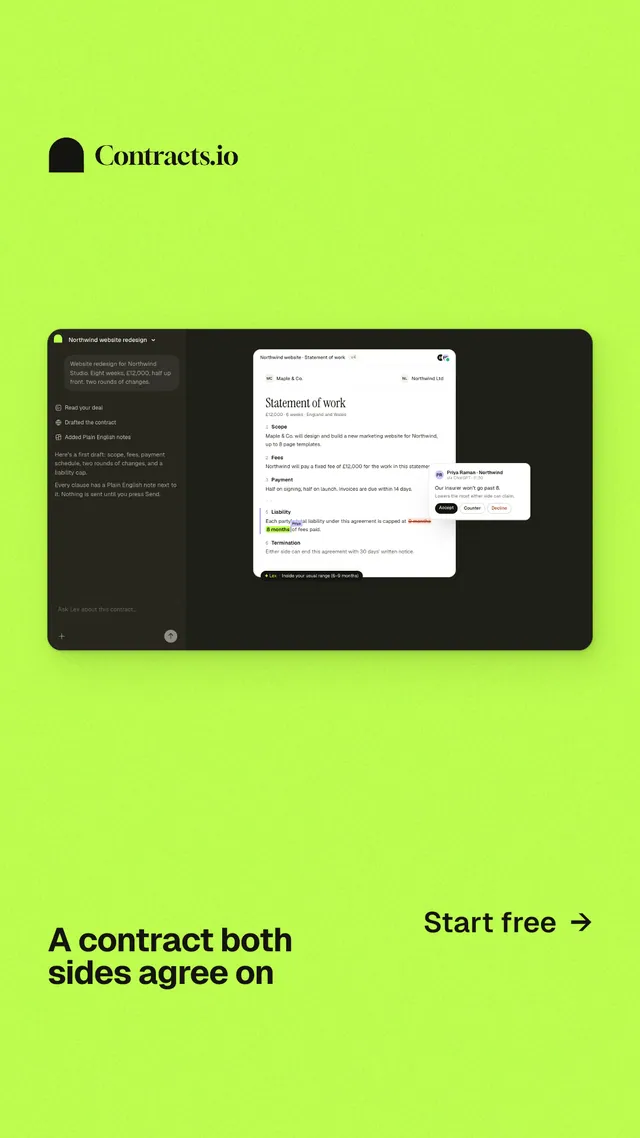 Instagram story for contracts.io: "A contract both sides agree on". Swiss style, image led layout, light palette in green.