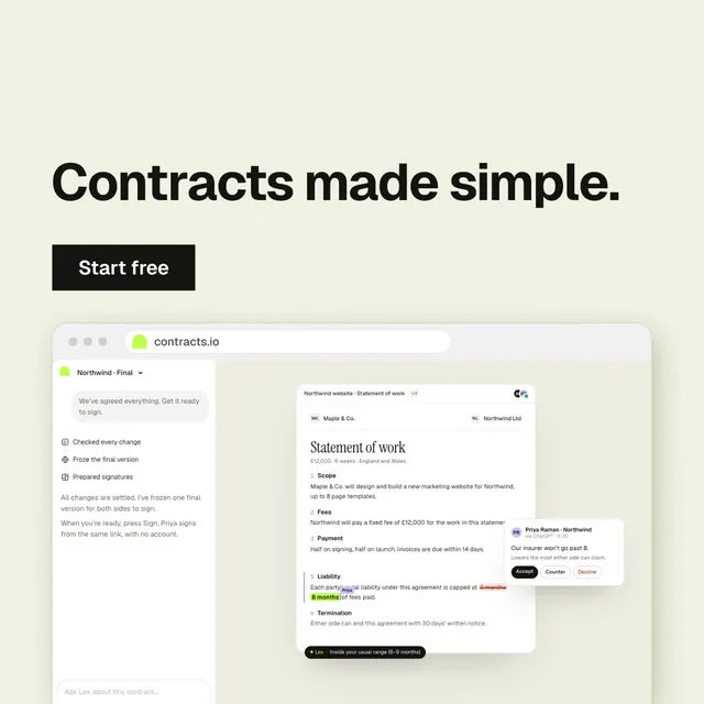 Instagram post for contracts.io: "Contracts made simple." Swiss style, browser layout, light palette in white, yellow, grey.
