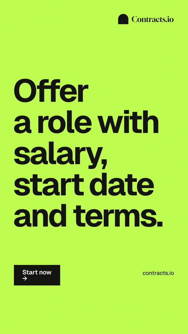 Instagram story for contracts.io: "Offer a role with salary, start date and terms." Swiss style, poster layout, light palette in green.