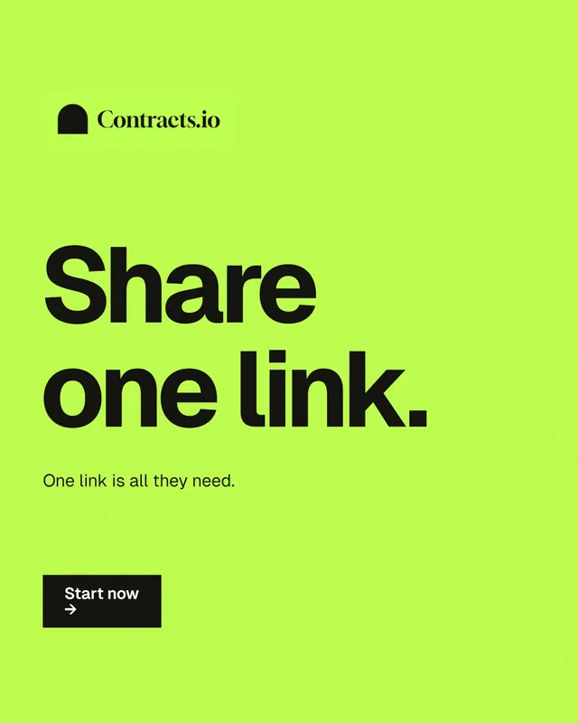 Instagram portrait post for contracts.io: "Share one link." Swiss style, announce layout, light palette in green.