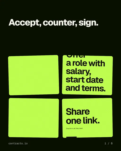 Carousel for contracts.io: "Accept, counter, sign.". Collection carousel, 8 slides, dark palette.