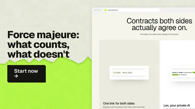 Landscape graphic for contracts.io: "Force majeure: what counts, what doesn't". Paper trio style, browser layout, light palette in yellow, white, green.