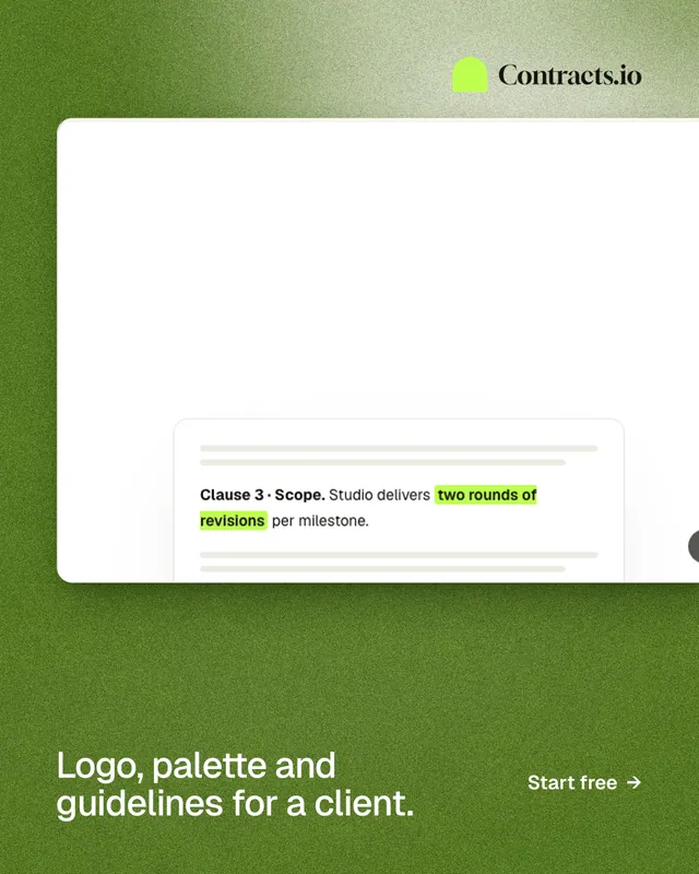 Instagram portrait post for contracts.io: "Logo, palette and guidelines for a client." Cyanotype style, image led layout, light palette in white, green.