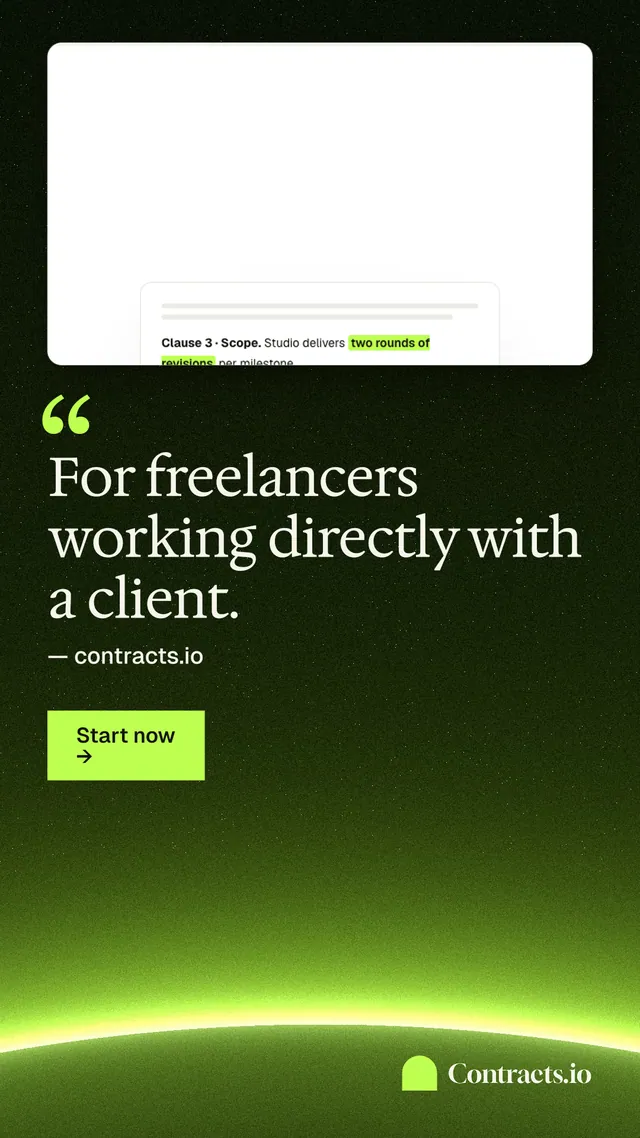 Instagram story for contracts.io: "For freelancers working directly with a client." Swiss style, quote layout, dark palette in white, black, green.