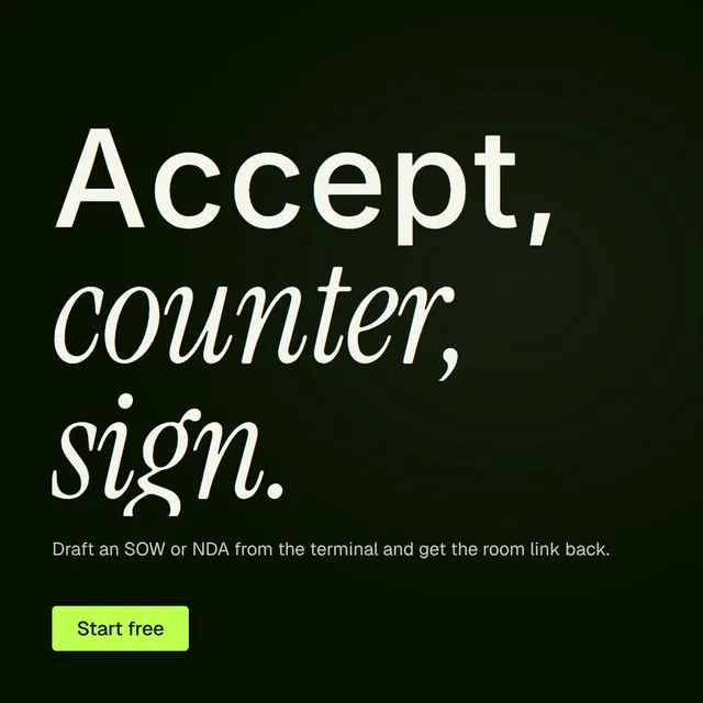 Video for contracts.io: "Accept, counter, sign.". Doc motion loop, 7.0 s, dark palette.