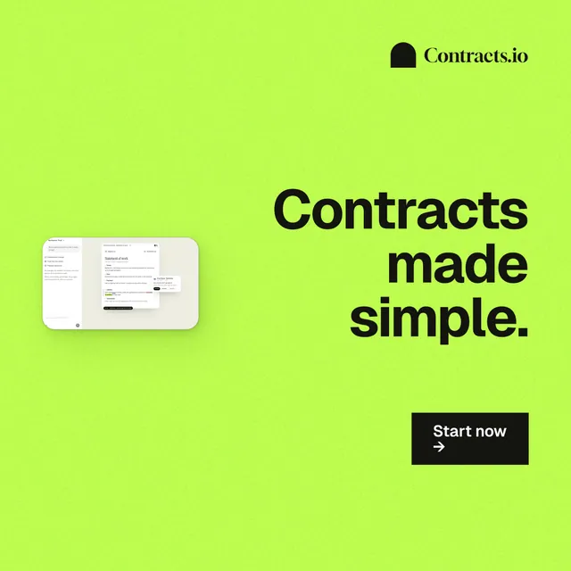 Instagram post for contracts.io: "Contracts made simple." Swiss style, right layout, light palette in green.