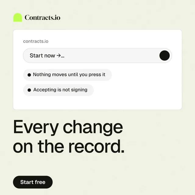 Instagram post for contracts.io: "Every change on the record." Data card style, bottom layout, light palette in white, grey.