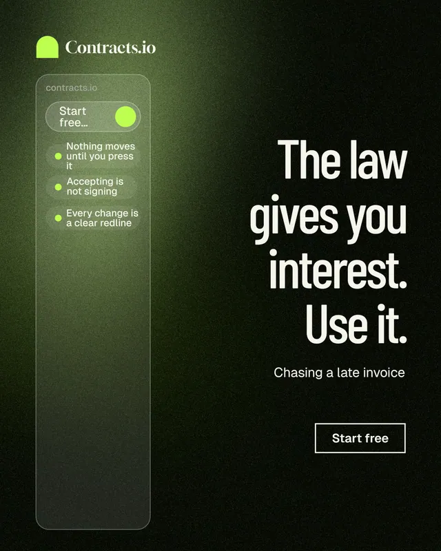Instagram portrait post for contracts.io: "The law gives you interest. Use it." Dark deco style, right layout, dark palette in black, green, grey.