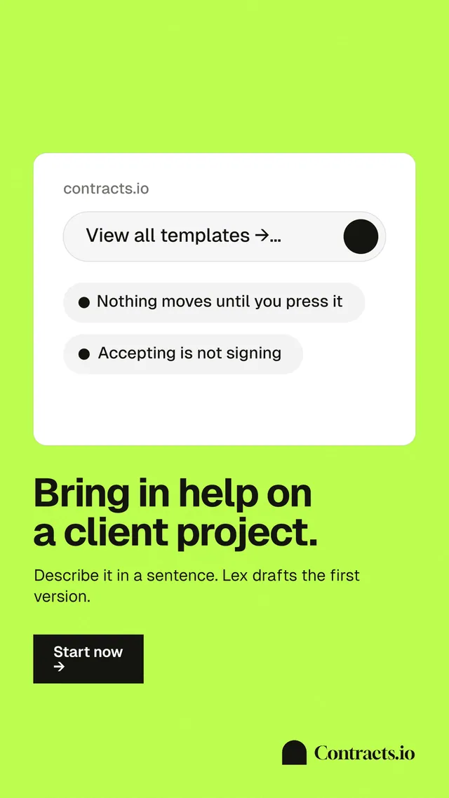 Instagram story for contracts.io: "Bring in help on a client project." Swiss style, bottom layout, light palette in green, white.