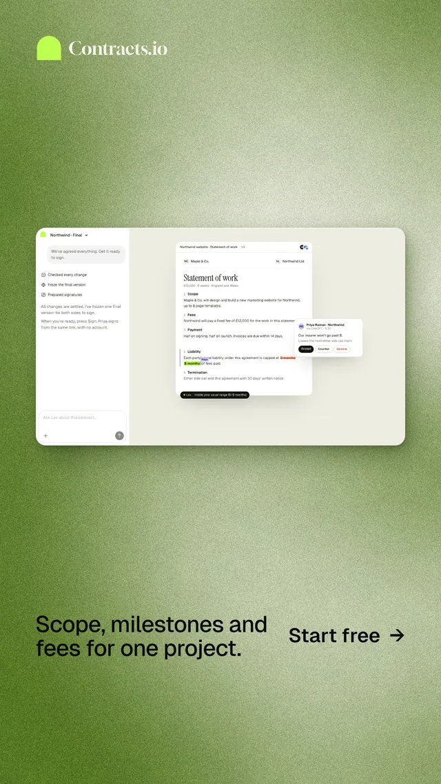 Instagram story for contracts.io: "Scope, milestones and fees for one project." Cyanotype style, image led layout, light palette in green, white.