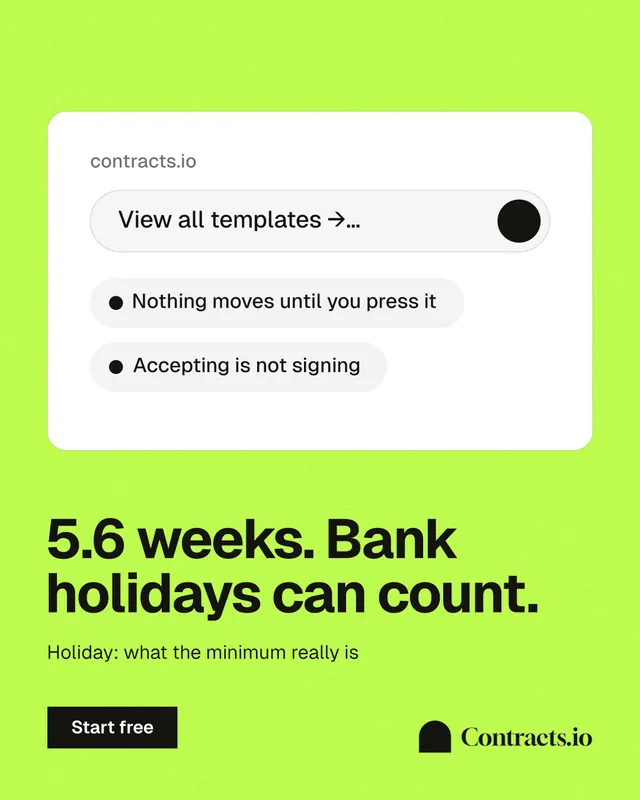 Instagram portrait post for contracts.io: "5.6 weeks. Bank holidays can count." Swiss style, bottom layout, light palette in white, green.