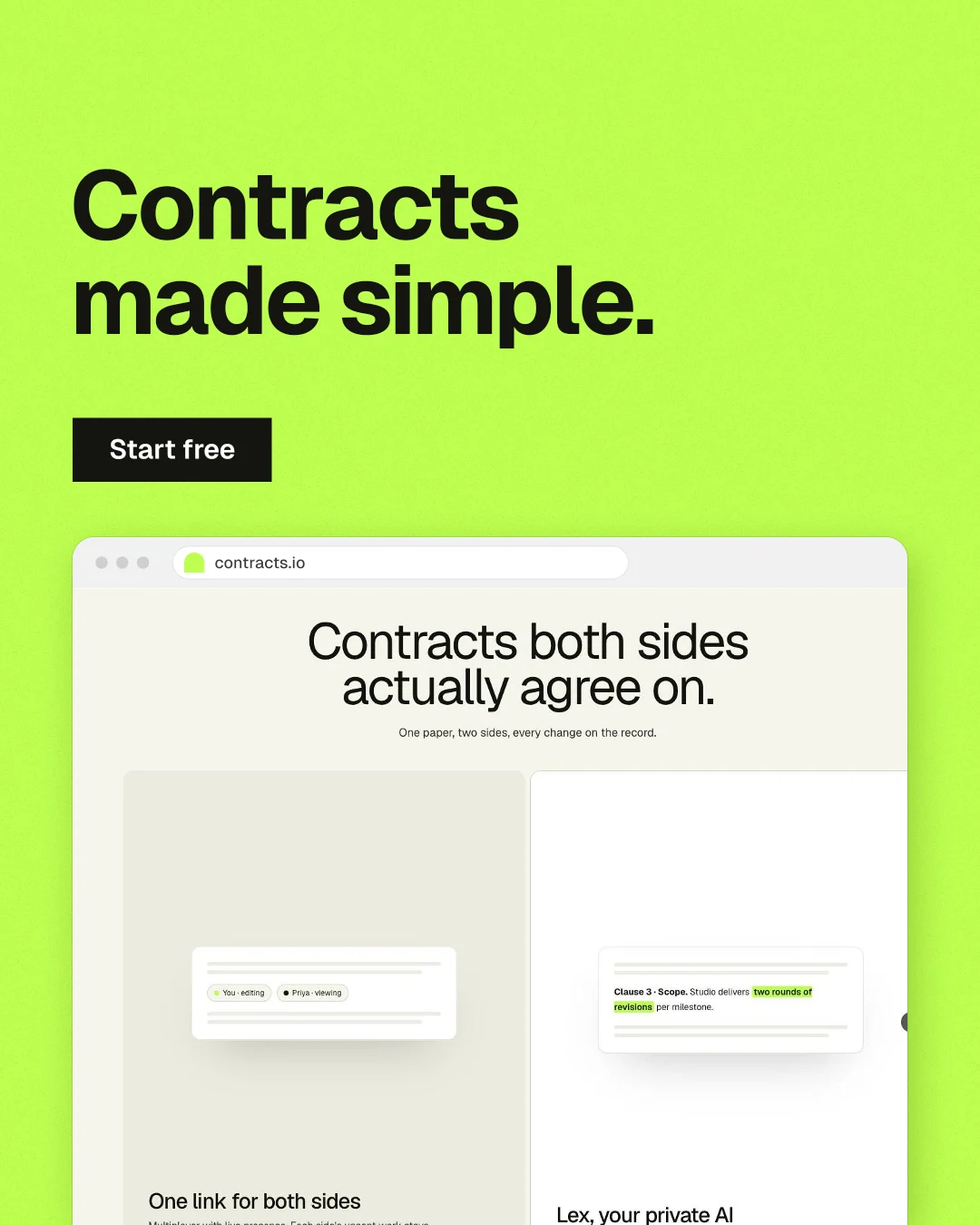 Instagram portrait post for contracts.io: "Contracts made simple." Swiss style, browser layout, light palette in green.