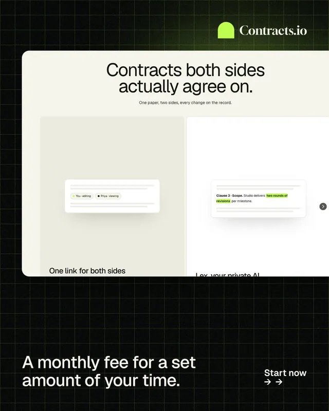 Instagram portrait post for contracts.io: "A monthly fee for a set amount of your time." Phosphor atlas style, image led layout, light palette in black, yellow, white.