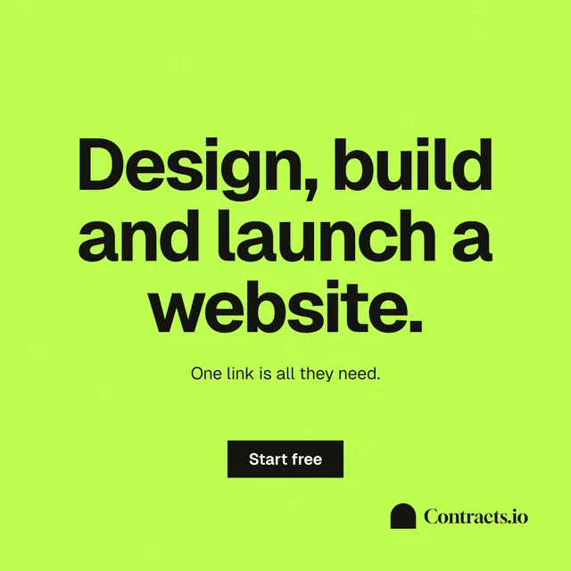 Instagram post for contracts.io: "Design, build and launch a website." Swiss style, centred layout, light palette in green.